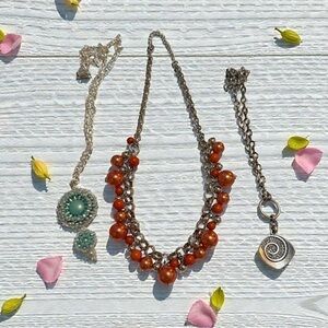 🫶🏻 Elegant Silver, Orange and Teal Beaded Necklace Set